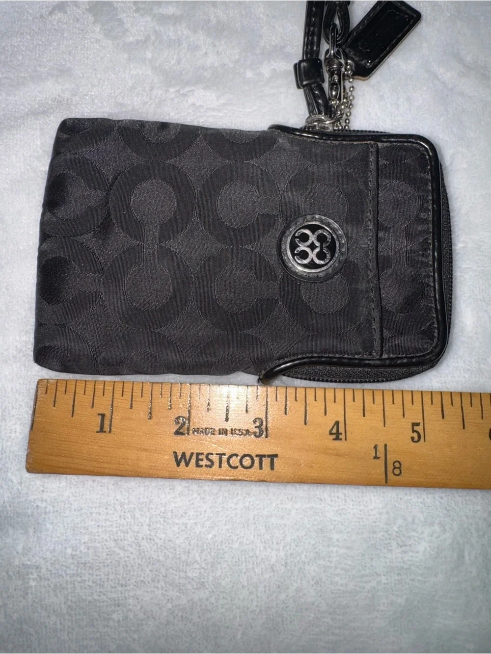 Coach Black Signature Jacquard Wristlet Pouch with Silver Emblem